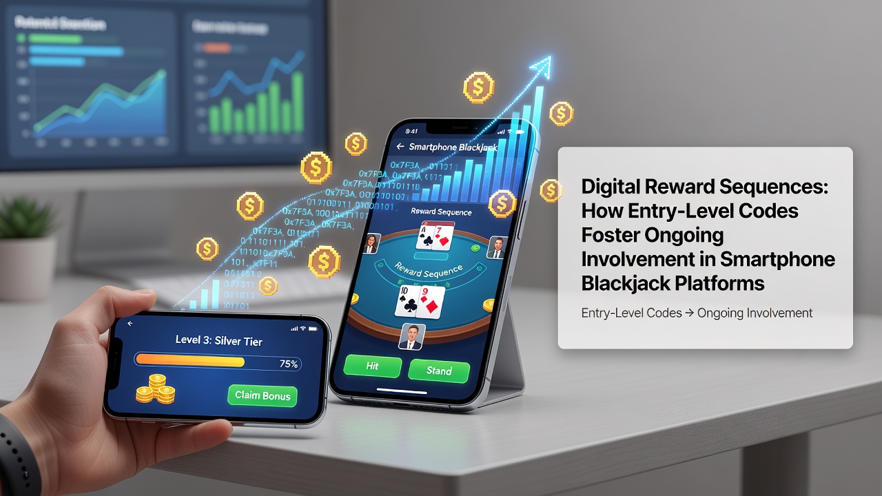 Illustration of digital reward sequences in mobile blackjack apps showing entry-level codes leading to sustained play