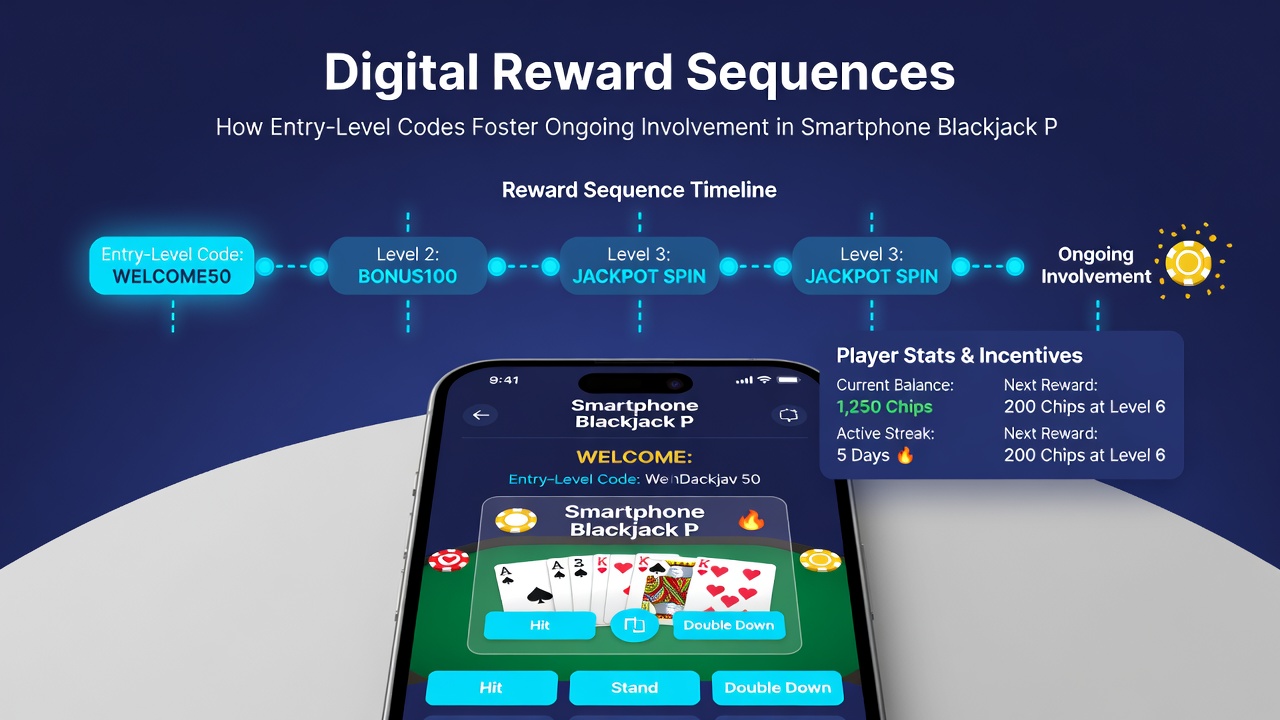 Diagram of player journey from entry codes to long-term engagement in mobile blackjack