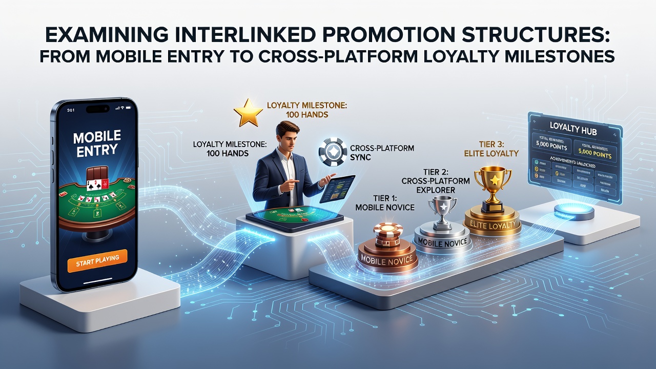 Illustration of mobile blackjack app interfaces showing promotion pathways and loyalty progression