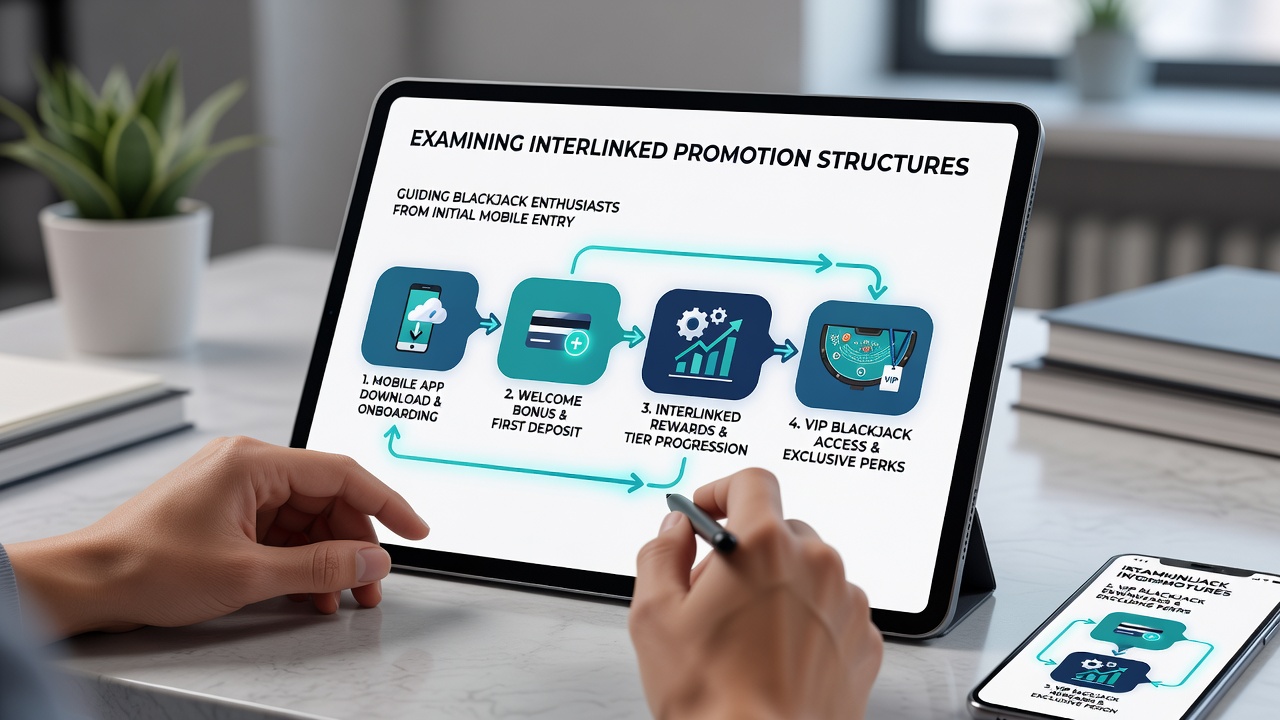 Diagram depicting cross-platform loyalty milestones connecting mobile blackjack play to desktop and tablet rewards