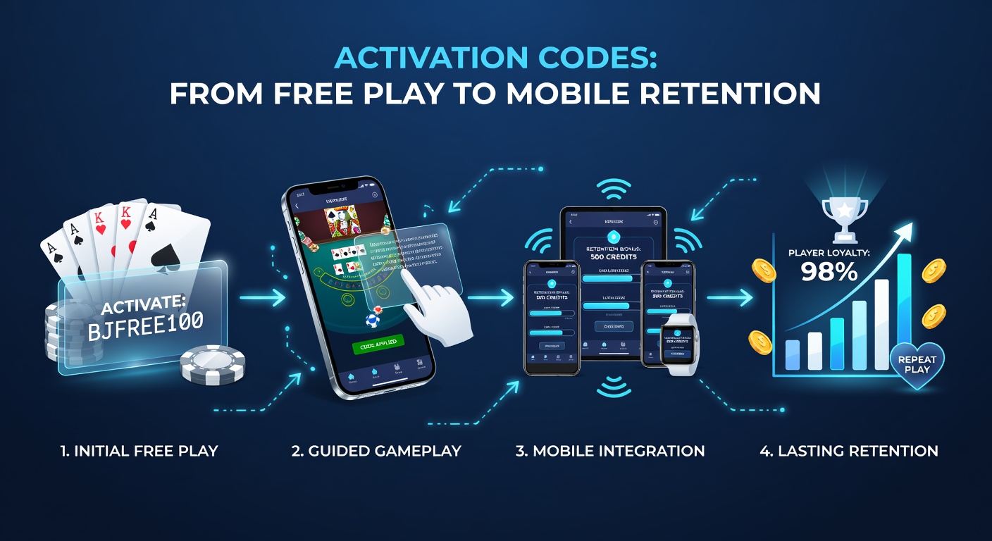Mobile blackjack interface showing activation code entry screen wth free play credits displayed