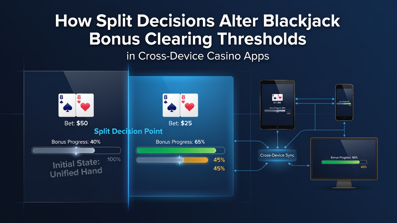 Diagram showing split decisions in blackjack apps across mobile and desktop interfaces with bonus tracking overlays