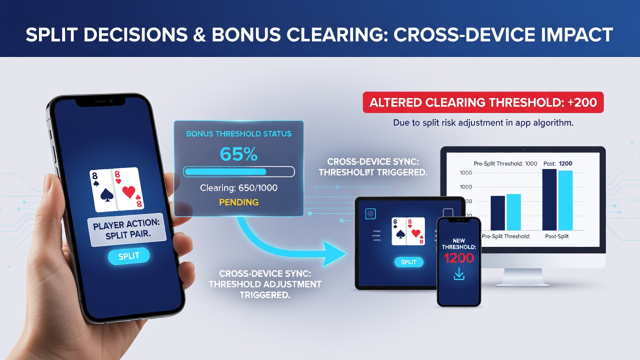 Screenshot of a cross-device casino app interface displaying split hand tracking and bonus progress meter