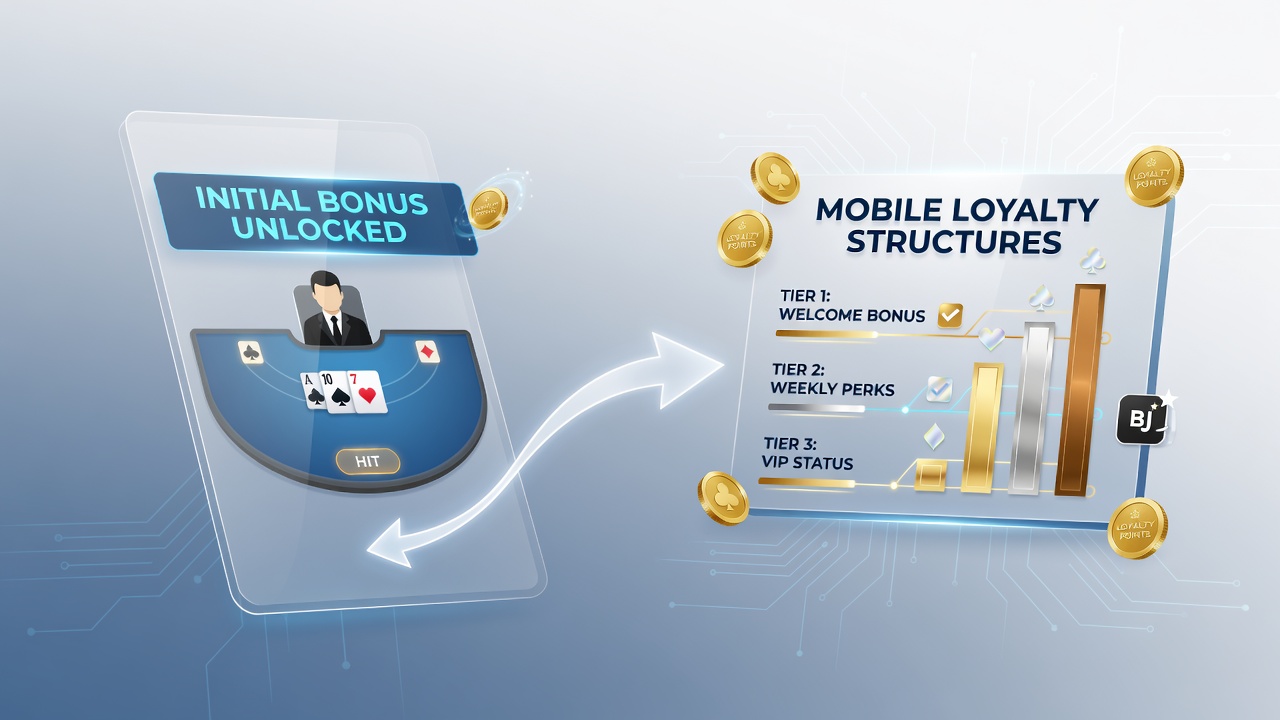 Diagram showing progression from initial app bonuses to long-term loyalty tiers in mobile blackjack