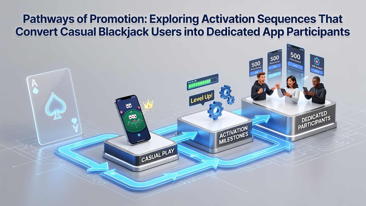 Mobile blackjack app interface showing activation sequence from casual play to loyalty rewards