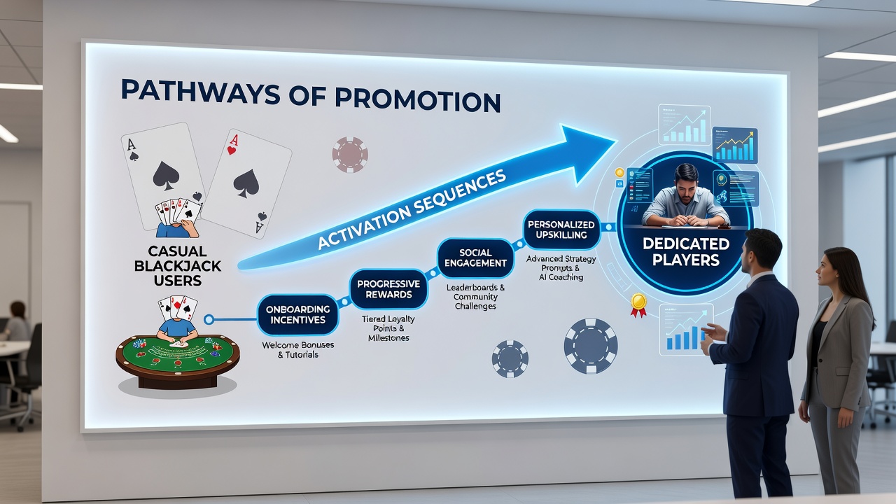 Flowchart diagram of blackjack app promotion pathways from casual user to dedicated participant