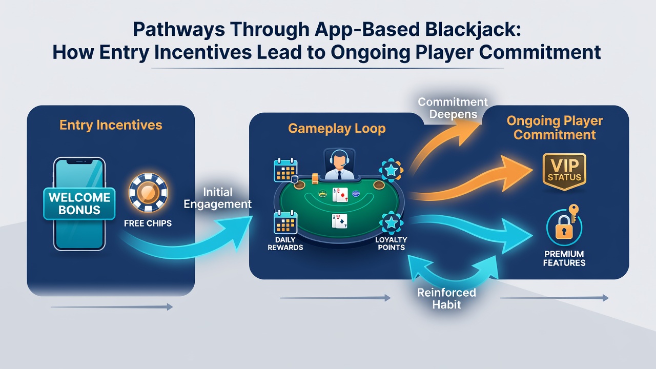 Diagram mapping how app-based blackjack entry incentives transition into loyalty tiers and sustained play metrics