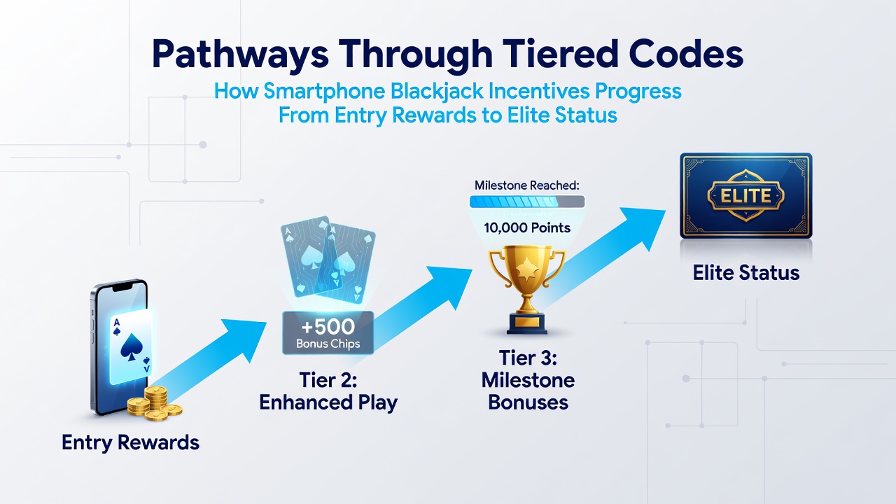 Flowchart illustrating code tiers advancing from entry rewards to VIP commitment in blackjack apps