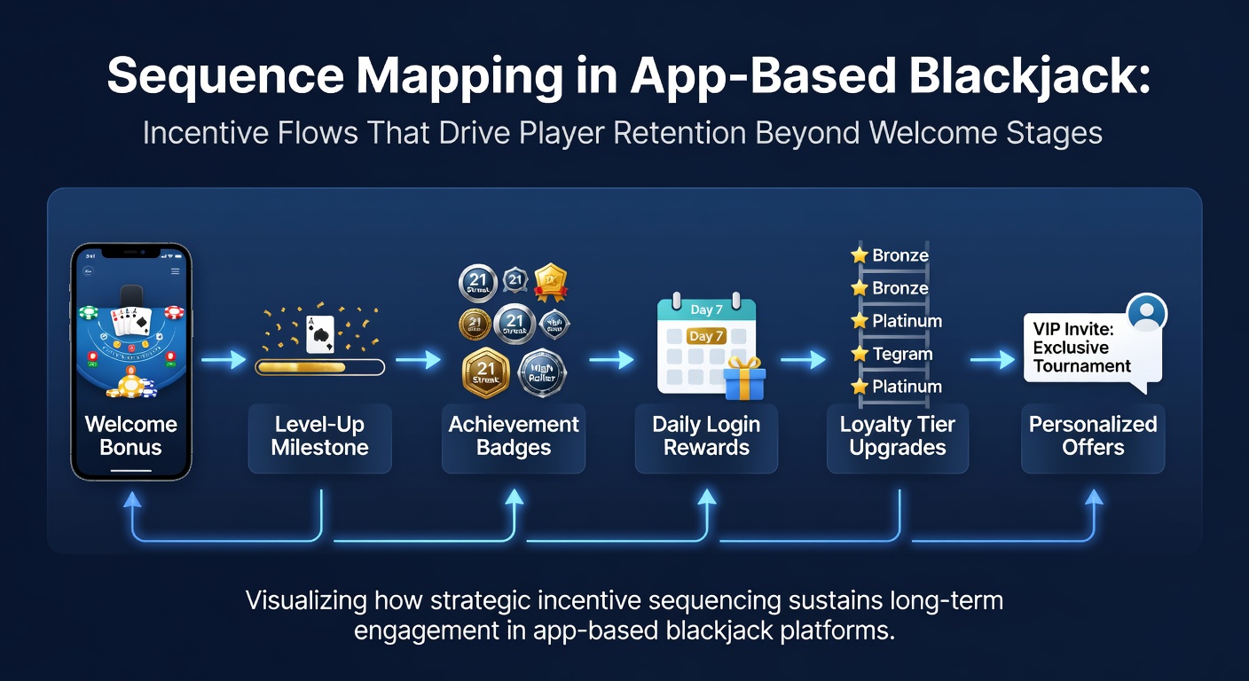 Sequence mapping diagram showing incentive flows from welcome bonuses to sustained engagement stages in mobile blackjack apps