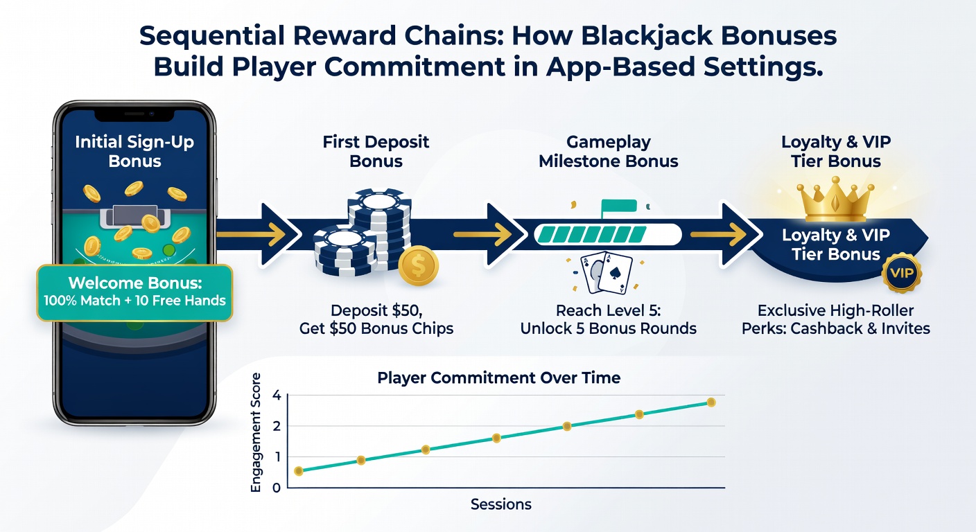 Mobile app screenshot displaying active sequential bonus progress tracker in a blackjack game interface