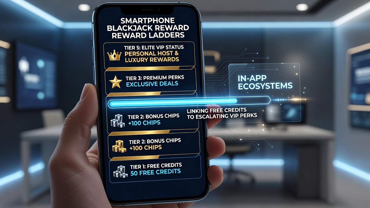 Infographic showing escalation from free credits through multiple VIP tiers in a mobile blackjack app ecosystem