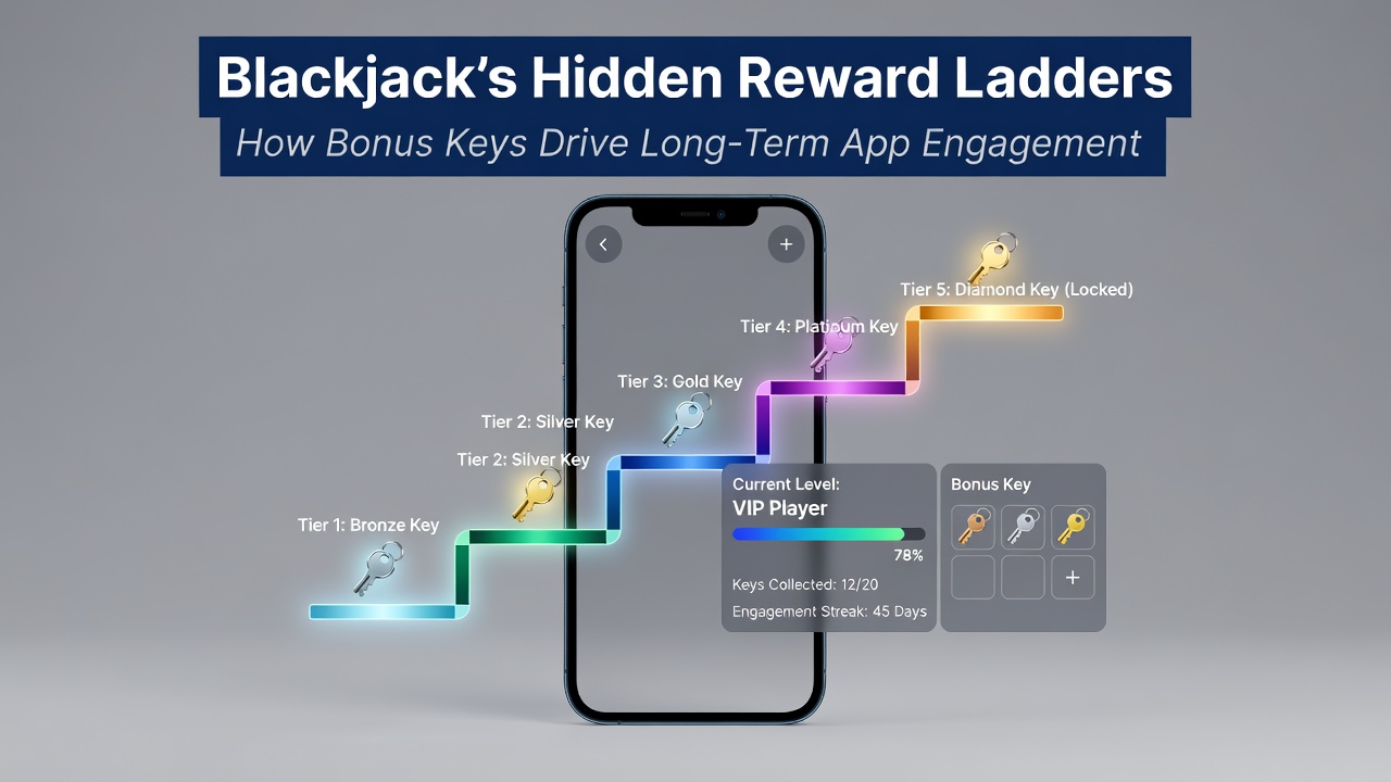 Diagram of smartphone blackjack reward ladder with bonus key progression stages