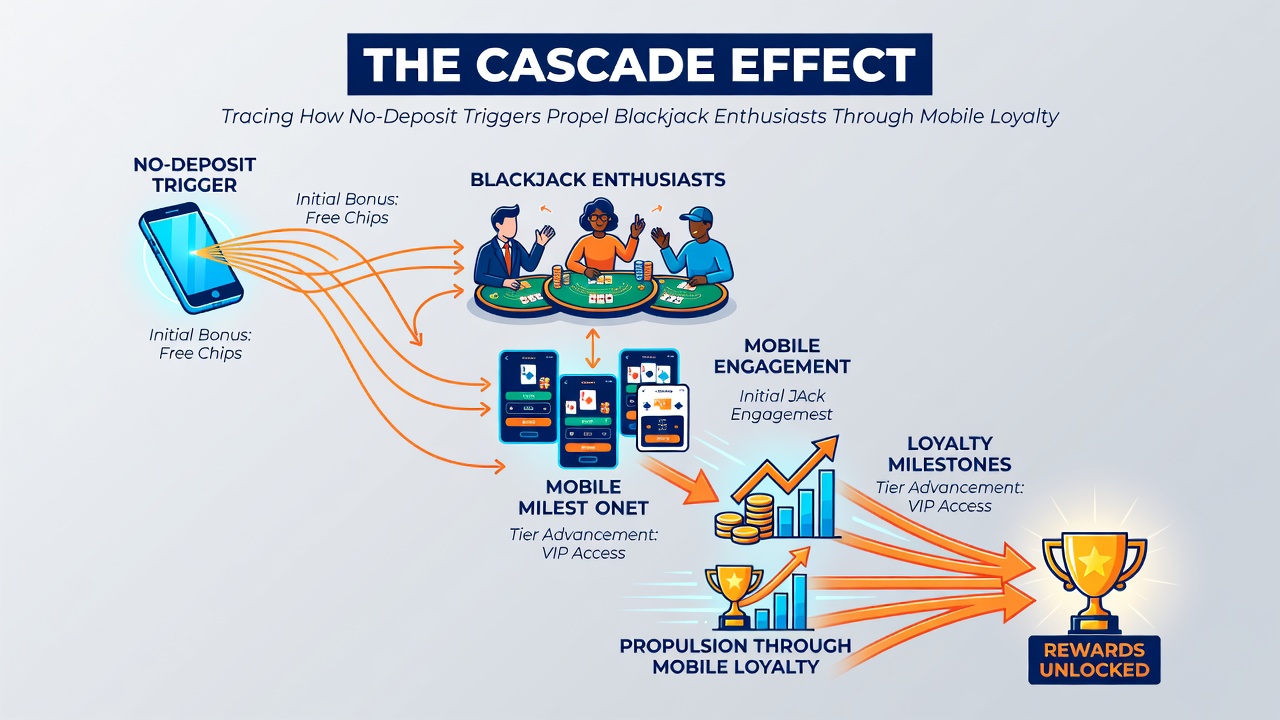 Infographic showing the progression from no-deposit bonus through tier levels in a mobile blackjack loyalty program