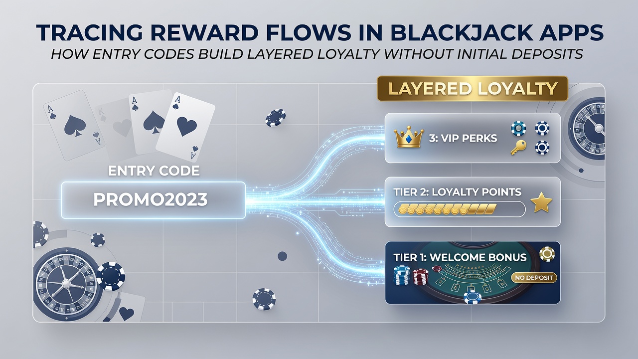 Flowchart showing entry code activation leading to tiered rewards in blackjack apps without deposits