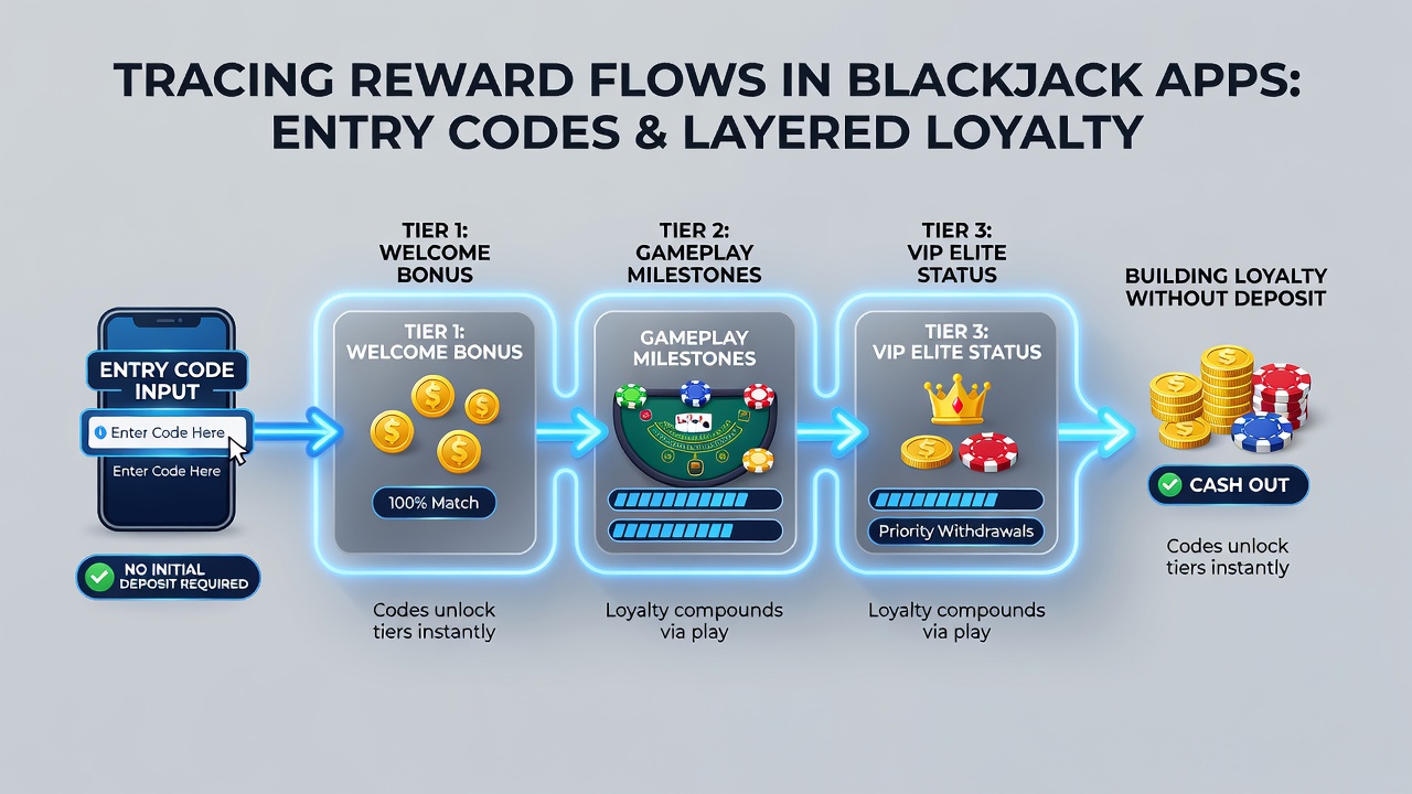 Diagram illustrating tier progression from entry code rewards to sustained loyalty in mobile blackjack
